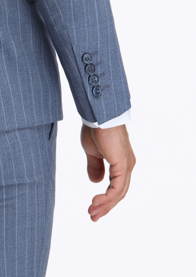 Mavi Çizgili Modern Fit %100 Yün Takım Elbise - 4