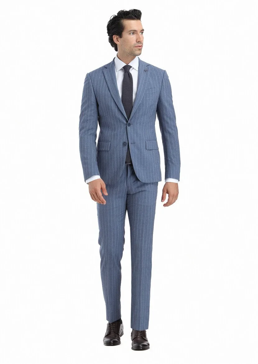 Mavi Çizgili Modern Fit %100 Yün Takım Elbise - 1