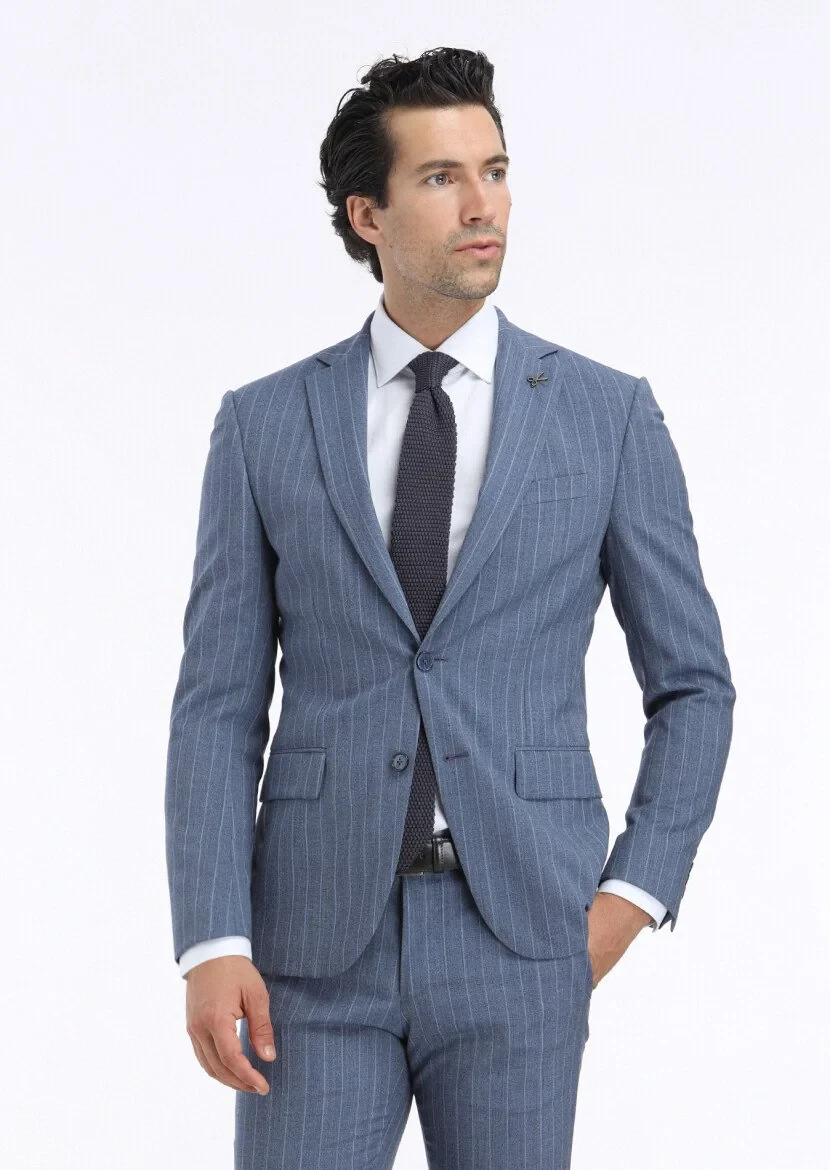 Mavi Çizgili Modern Fit %100 Yün Takım Elbise - 2