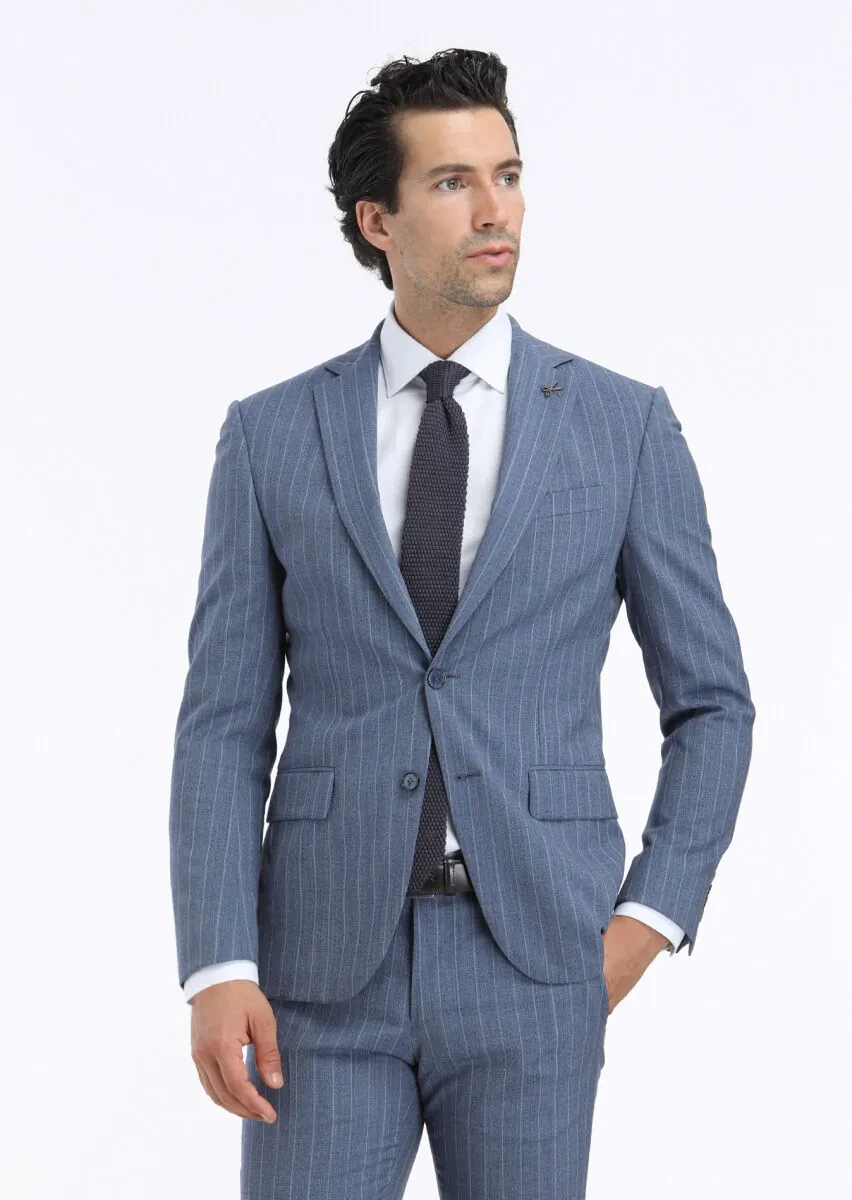 Mavi Çizgili Modern Fit %100 Yün Takım Elbise - 2