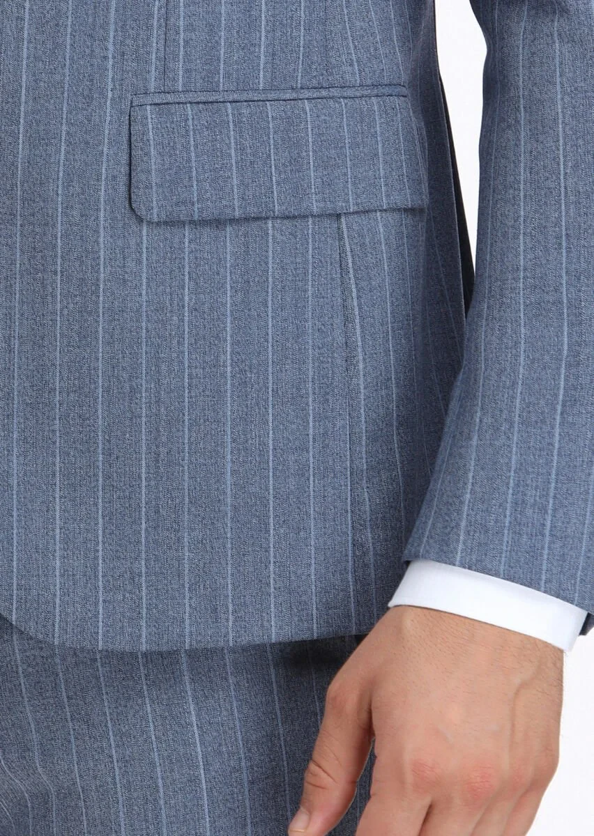 Mavi Çizgili Modern Fit %100 Yün Takım Elbise - 4