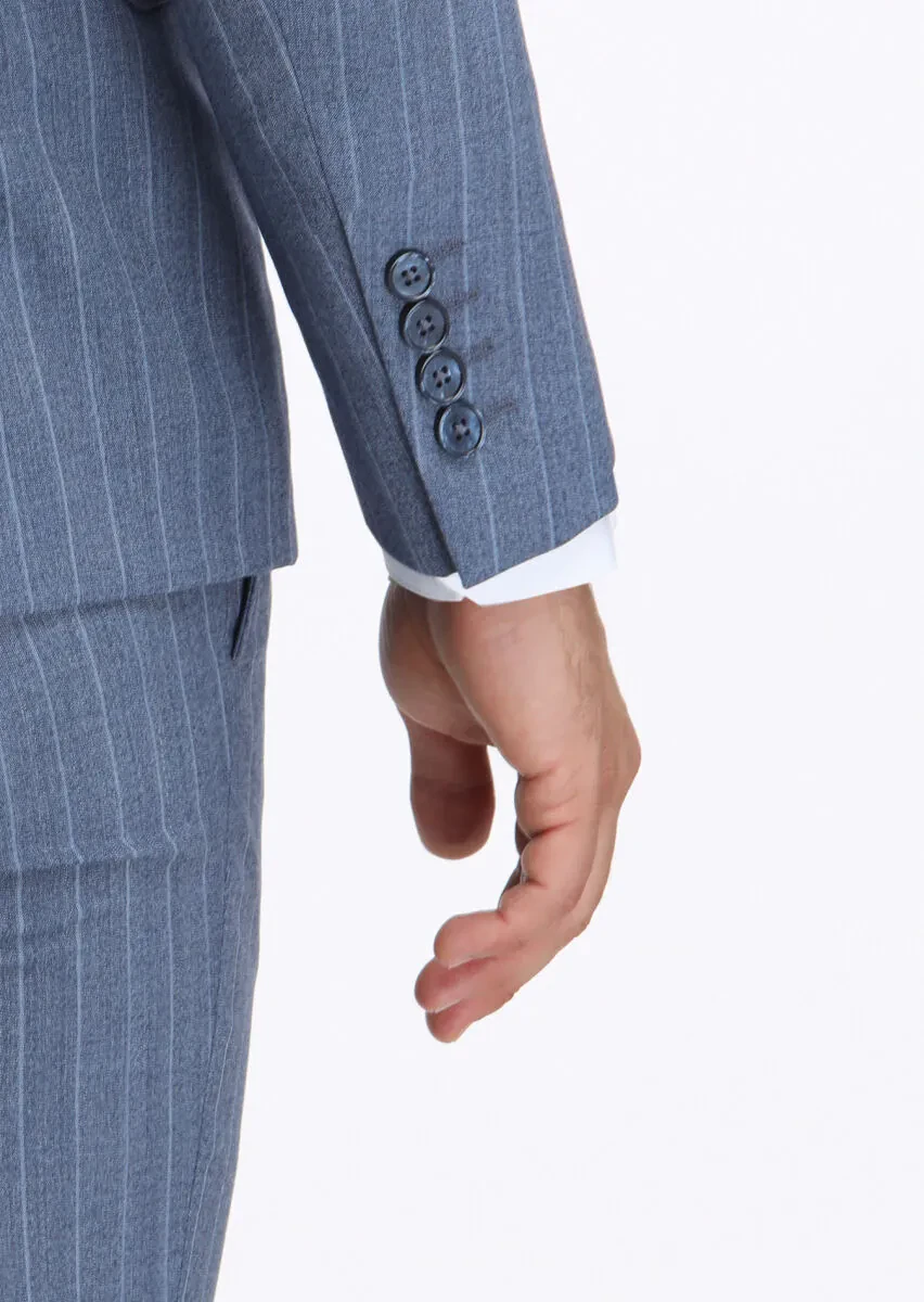 Mavi Çizgili Modern Fit %100 Yün Takım Elbise - 5
