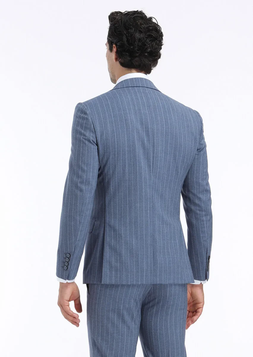 Mavi Çizgili Modern Fit %100 Yün Takım Elbise - 6