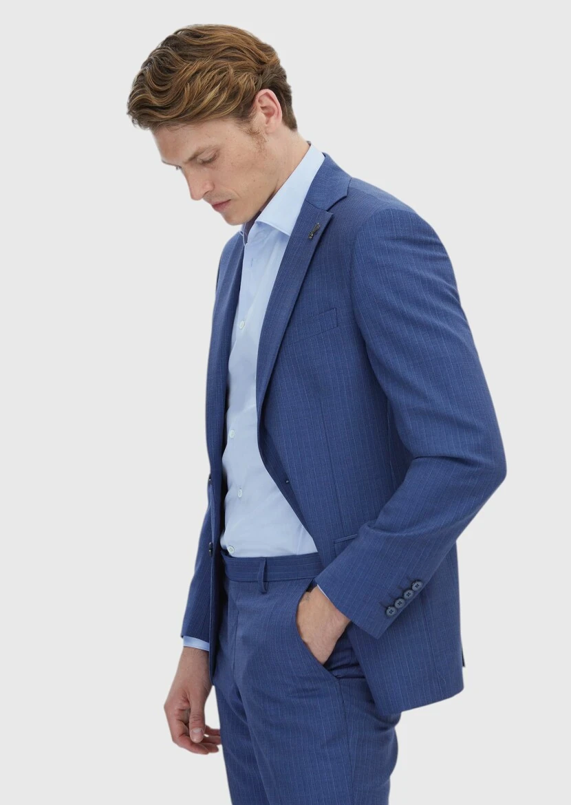 Mavi Çizgili Modern Fit %100 Yün Takım Elbise - 3