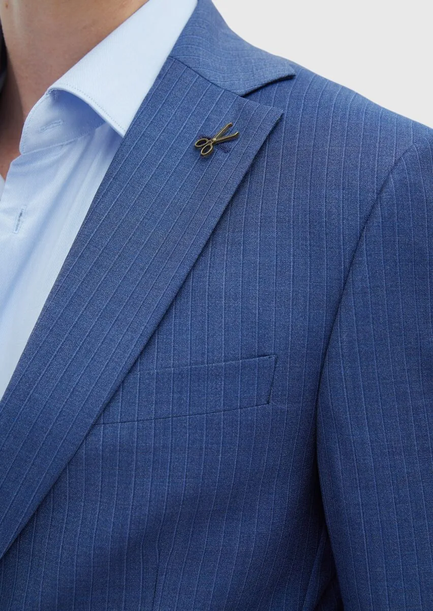 Mavi Çizgili Modern Fit %100 Yün Takım Elbise - 5