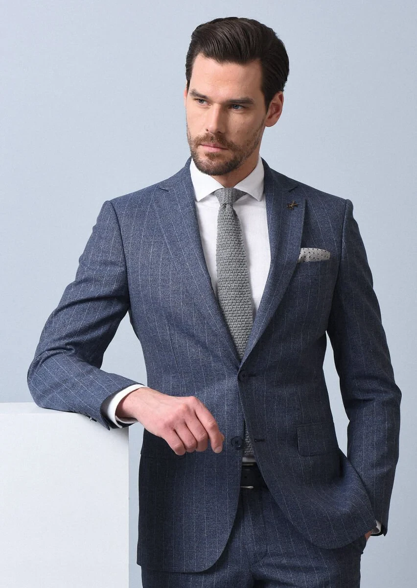 Mavi Çizgili Modern Fit Yün Karışımlı Takım Elbise - 1