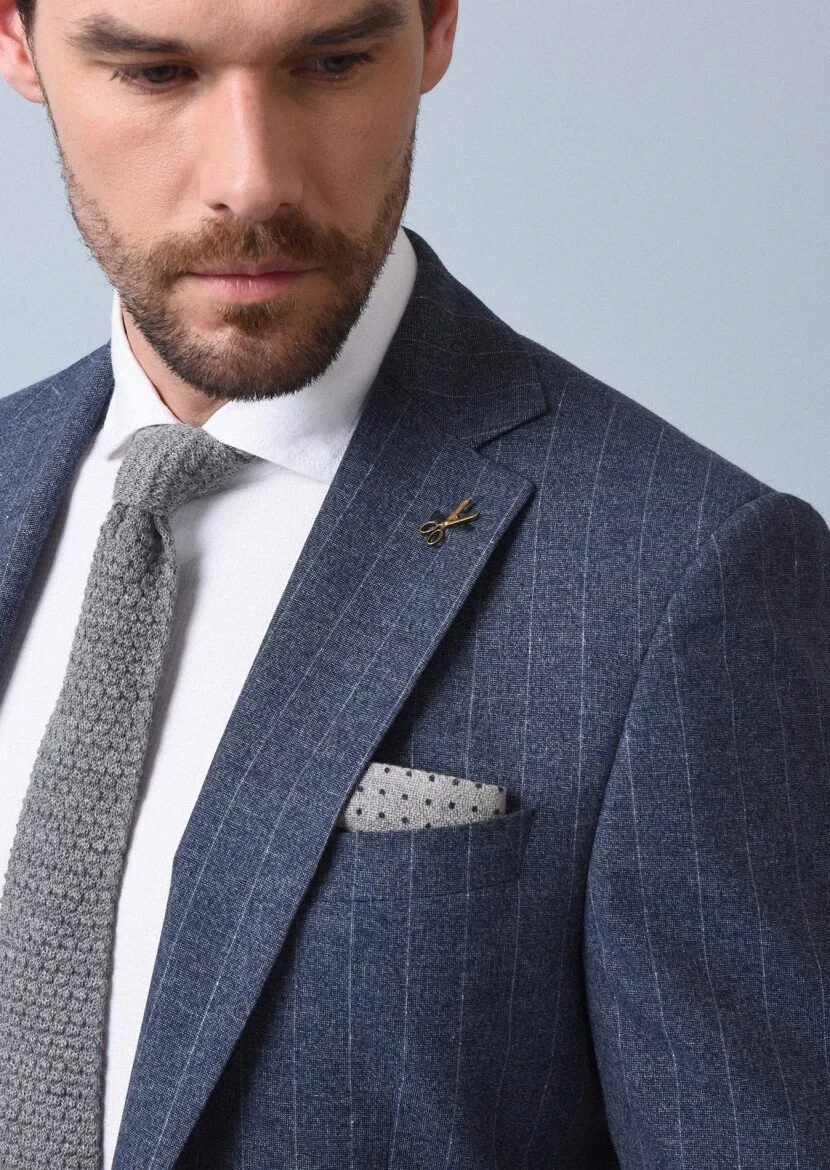 Mavi Çizgili Modern Fit Yün Karışımlı Takım Elbise - 3