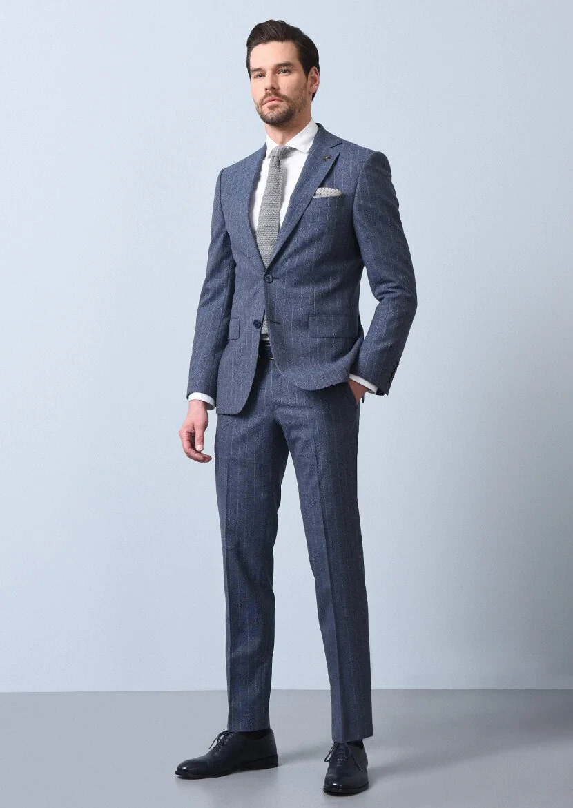 Mavi Çizgili Modern Fit Yün Karışımlı Takım Elbise - 4