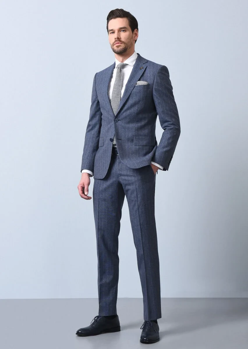 Mavi Çizgili Modern Fit Yün Karışımlı Takım Elbise - 4