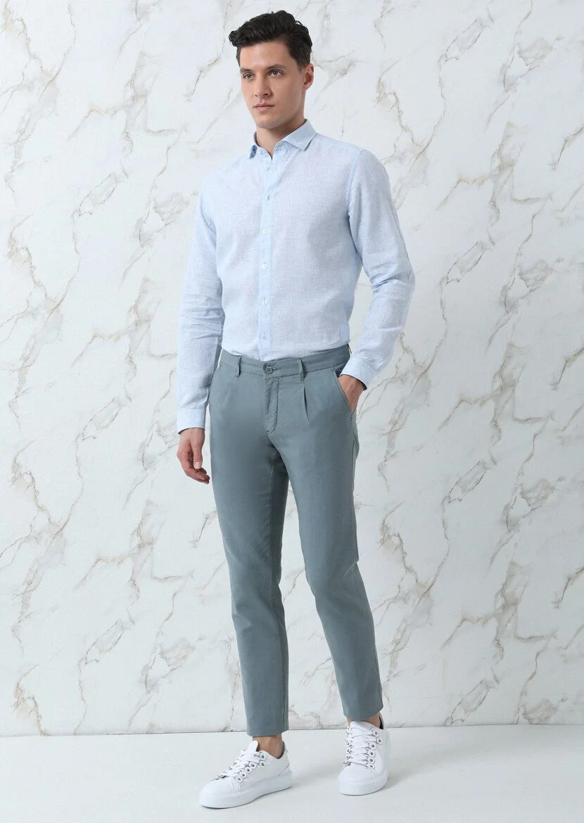 Mavi Çizgili Regular Fit Dokuma Casual Pamuk Karışımlı Gömlek - 4