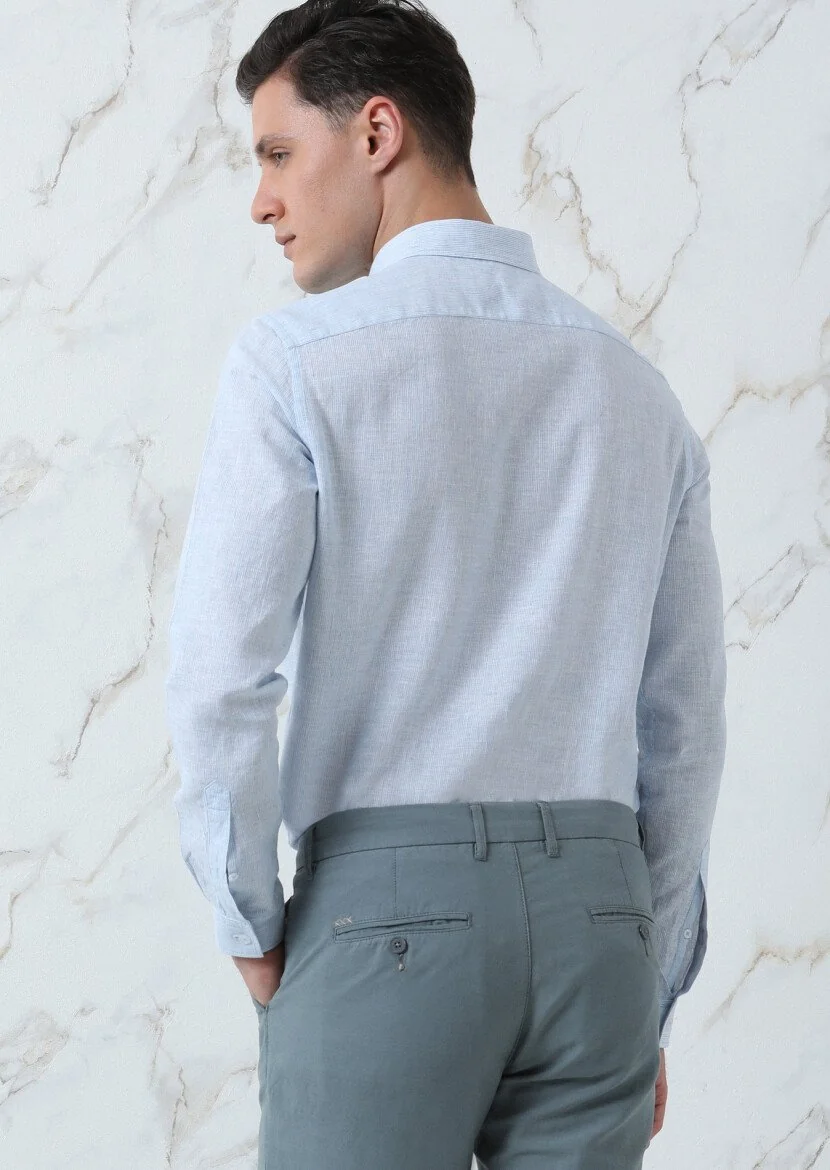 Mavi Çizgili Regular Fit Dokuma Casual Pamuk Karışımlı Gömlek - 5