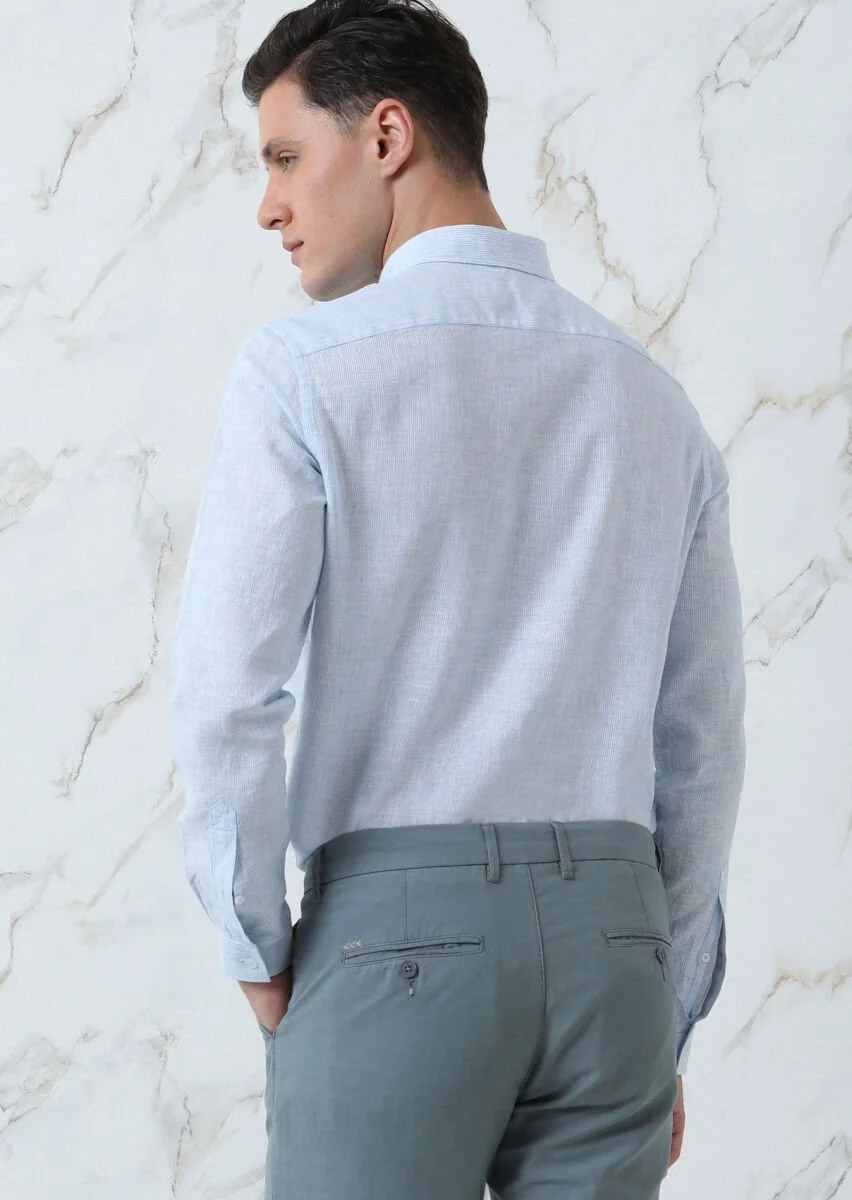 Mavi Çizgili Regular Fit Dokuma Casual Pamuk Karışımlı Gömlek - 5