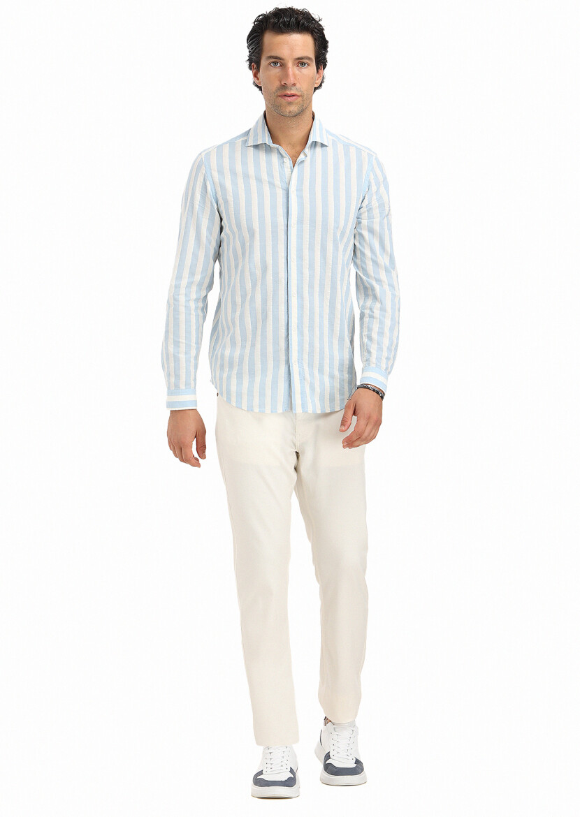 Mavi Çizgili Regular Fit Dokuma Casual Pamuk Karışımlı Gömlek - RAMSEY