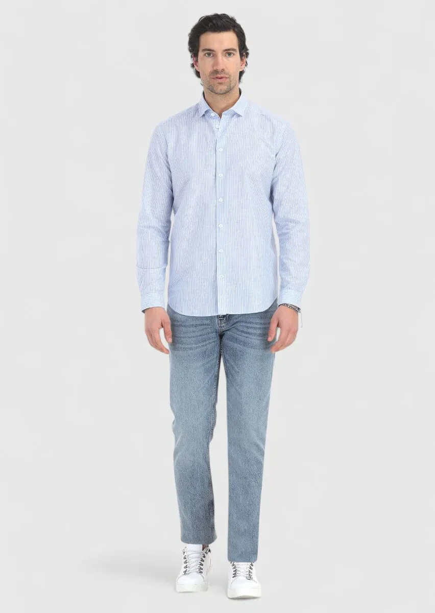 Mavi Çizgili Regular Fit Dokuma Casual Pamuk Karışımlı Gömlek - 1