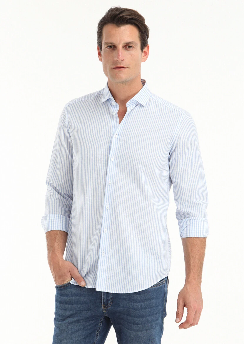 Mavi Çizgili Regular Fit Dokuma Casual Pamuk Karışımlı Gömlek - 2