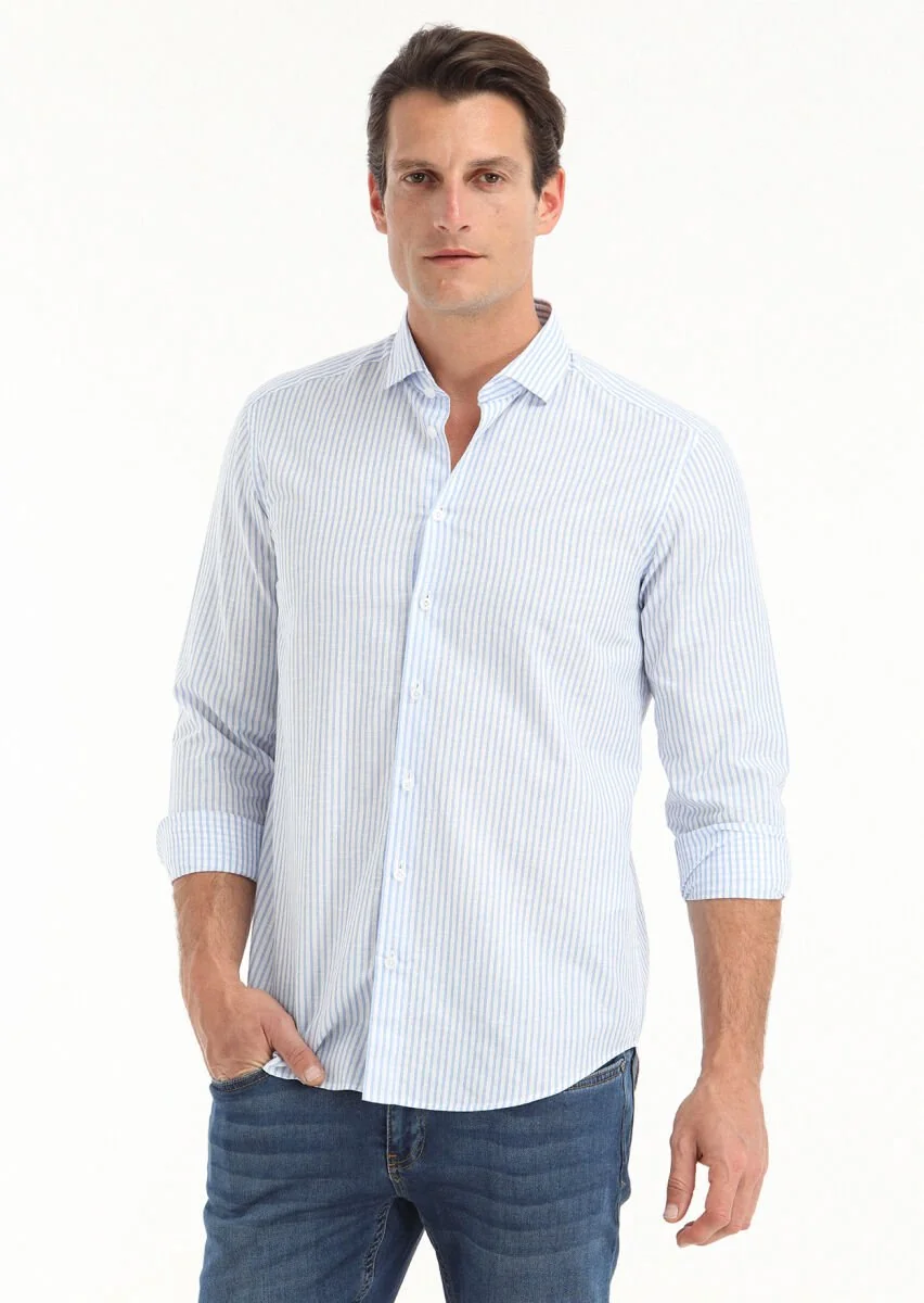 Mavi Çizgili Regular Fit Dokuma Casual Pamuk Karışımlı Gömlek - 2