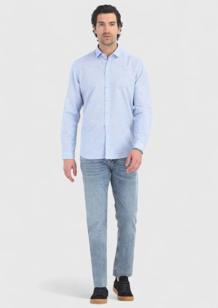 Mavi Çizgili Regular Fit Dokuma Casual Pamuk Karışımlı Gömlek - 1