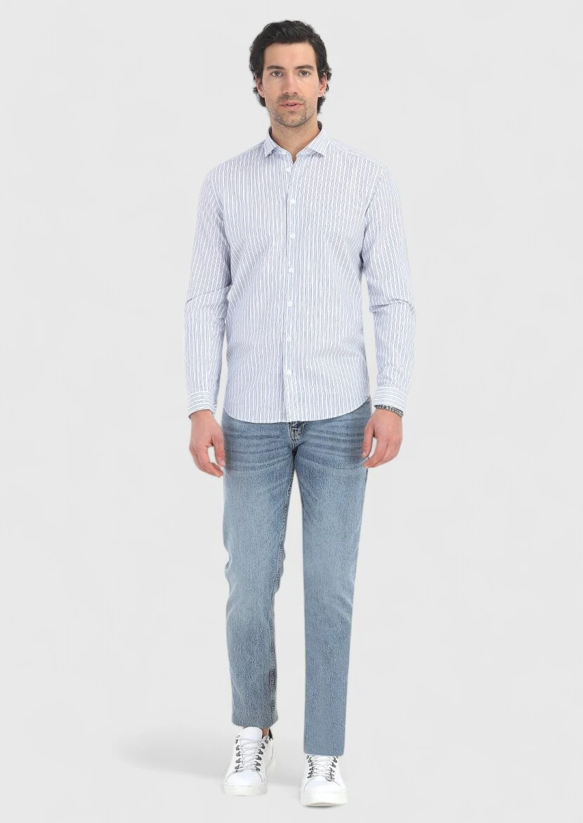 Mavi Çizgili Regular Fit Dokuma Casual Pamuk Karışımlı Gömlek - 1