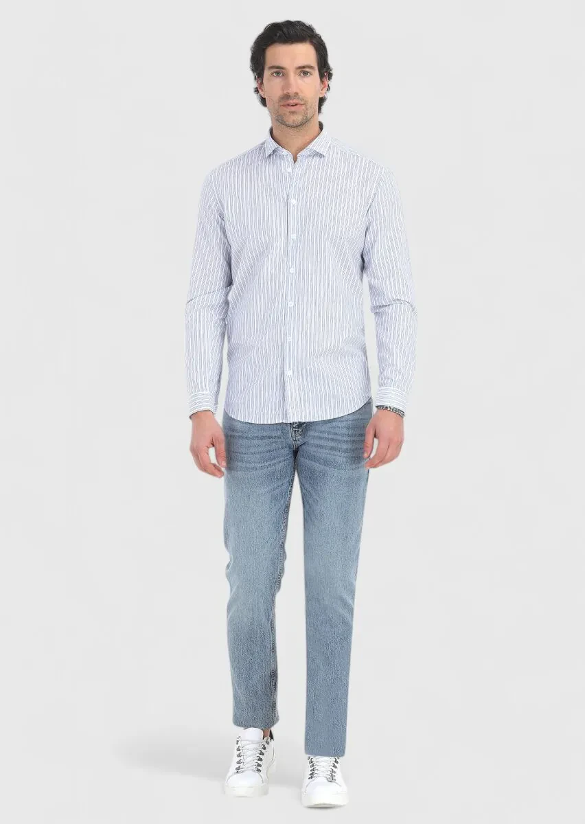 Mavi Çizgili Regular Fit Dokuma Casual Pamuk Karışımlı Gömlek - 1