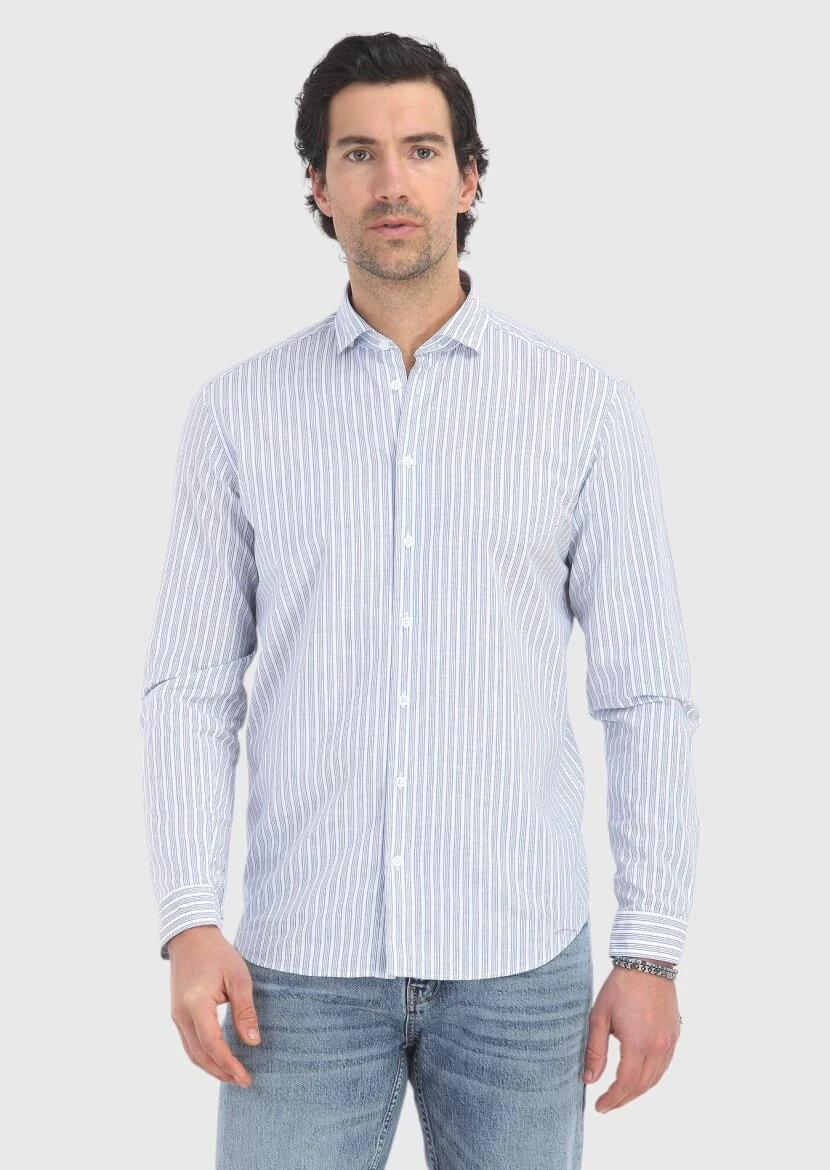 Mavi Çizgili Regular Fit Dokuma Casual Pamuk Karışımlı Gömlek - 2