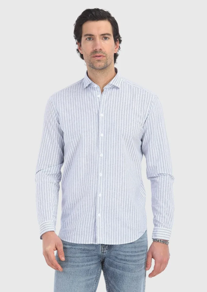 Mavi Çizgili Regular Fit Dokuma Casual Pamuk Karışımlı Gömlek - 2