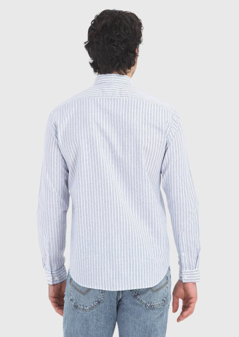 Mavi Çizgili Regular Fit Dokuma Casual Pamuk Karışımlı Gömlek - 4