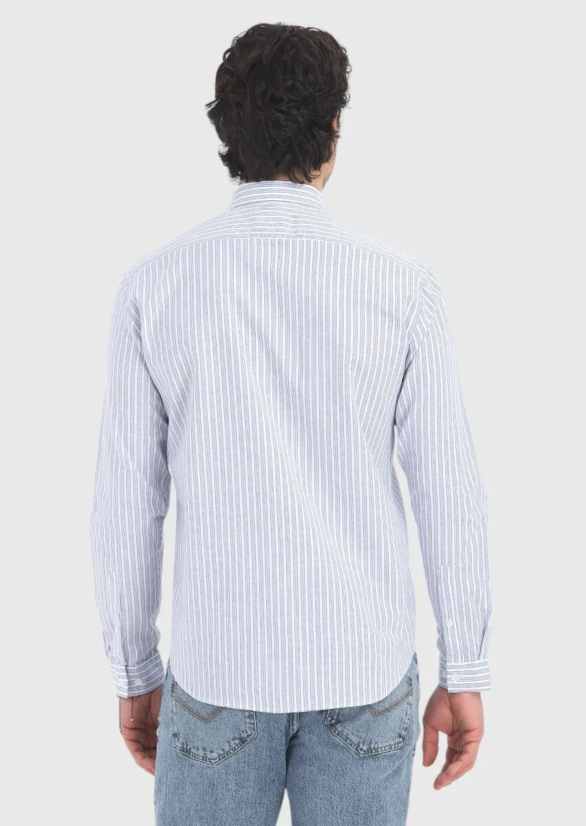 Mavi Çizgili Regular Fit Dokuma Casual Pamuk Karışımlı Gömlek - 4