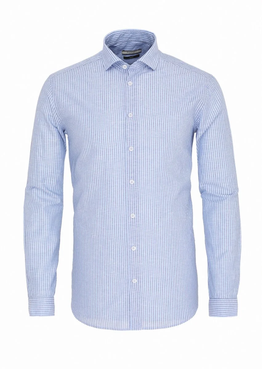 Mavi Çizgili Regular Fit Dokuma Casual Pamuk Karışımlı Gömlek - 1