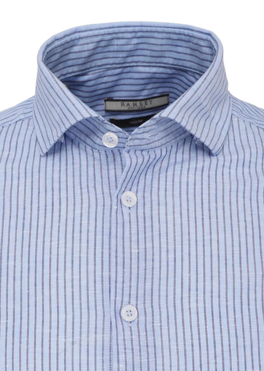 Mavi Çizgili Regular Fit Dokuma Casual Pamuk Karışımlı Gömlek - 2