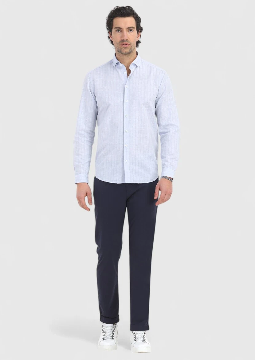 Mavi Çizgili Regular Fit Dokuma Casual Pamuk Karışımlı Gömlek - 1