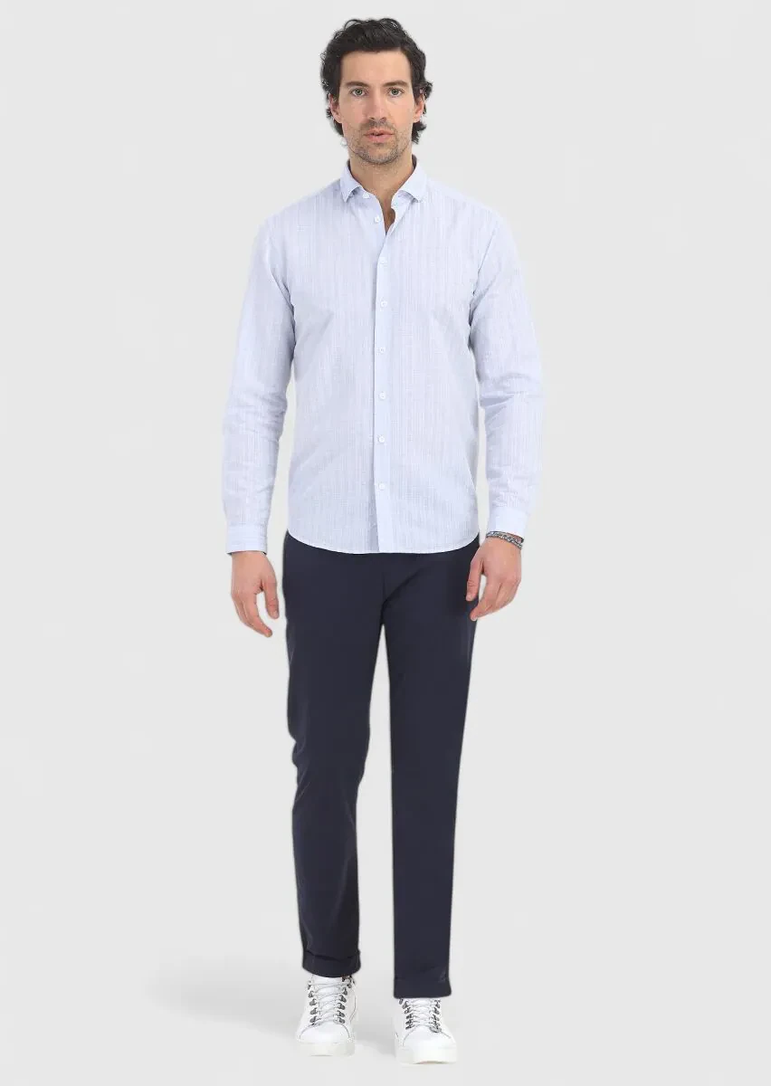Mavi Çizgili Regular Fit Dokuma Casual Pamuk Karışımlı Gömlek - 1