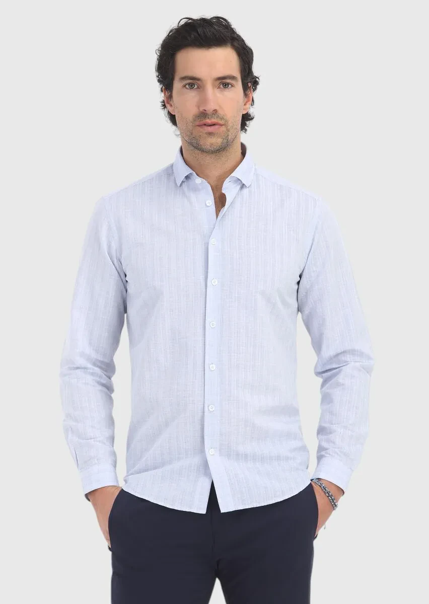 Mavi Çizgili Regular Fit Dokuma Casual Pamuk Karışımlı Gömlek - 2