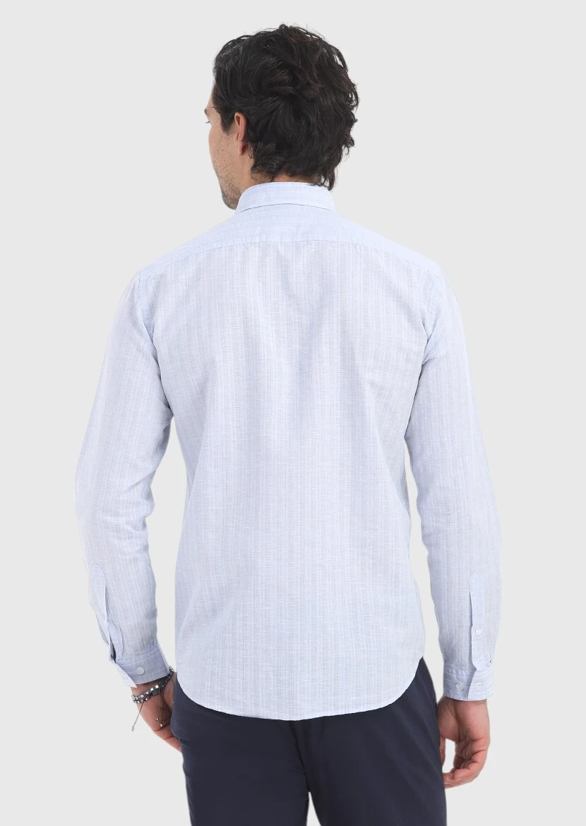 Mavi Çizgili Regular Fit Dokuma Casual Pamuk Karışımlı Gömlek - 4