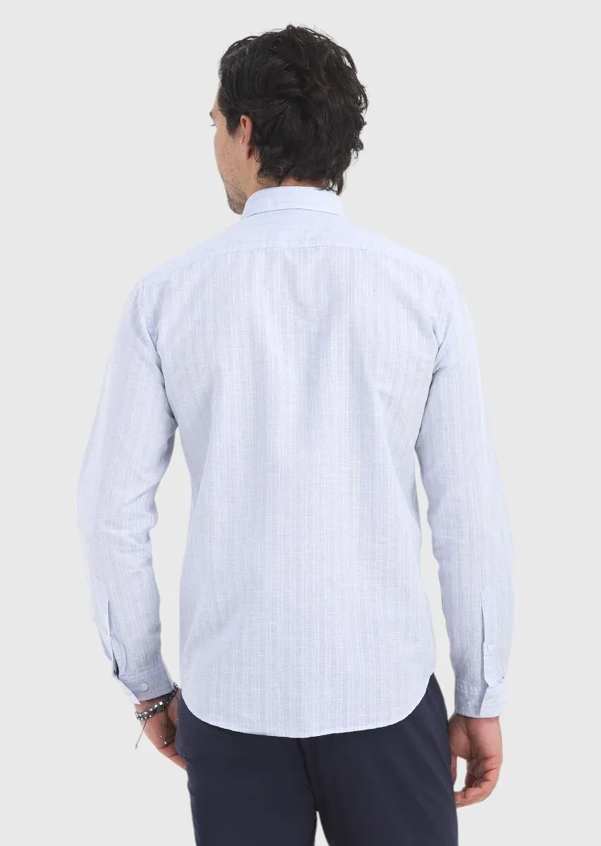 Mavi Çizgili Regular Fit Dokuma Casual Pamuk Karışımlı Gömlek - 4