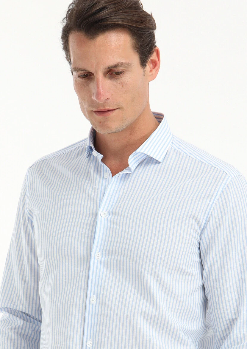 Mavi Çizgili Regular Fit Dokuma Casual Pamuk Karışımlı Gömlek - 3