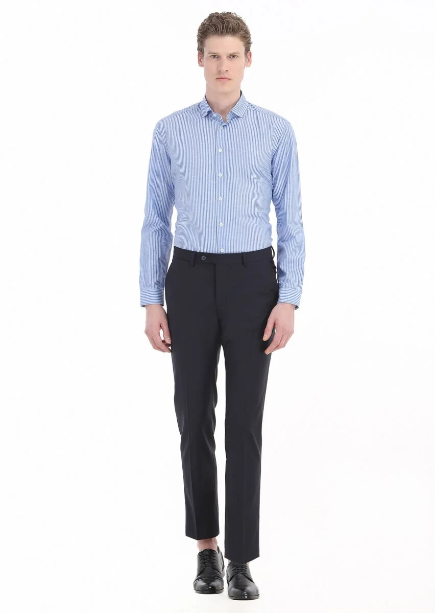 Mavi Çizgili Regular Fit Dokuma Casual Pamuk Karışımlı Gömlek - 1