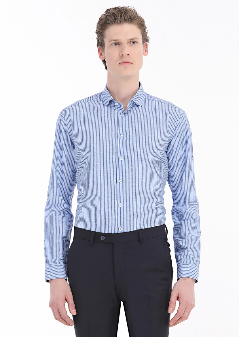 Mavi Çizgili Regular Fit Dokuma Casual Pamuk Karışımlı Gömlek - 2