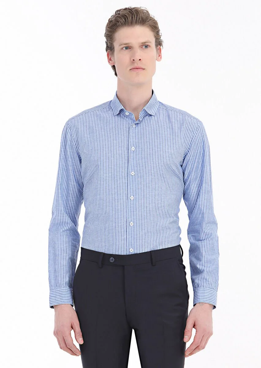 Mavi Çizgili Regular Fit Dokuma Casual Pamuk Karışımlı Gömlek - 2