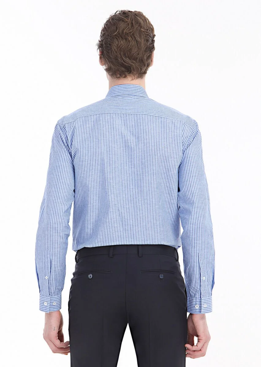 Mavi Çizgili Regular Fit Dokuma Casual Pamuk Karışımlı Gömlek - 5