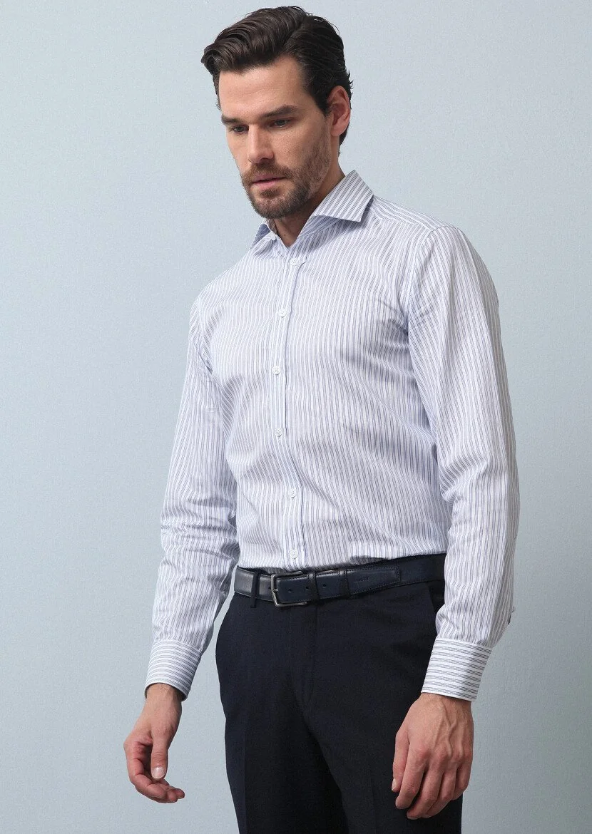 Mavi Çizgili Regular Fit Dokuma Klasik %100 Pamuk Gömlek - 4