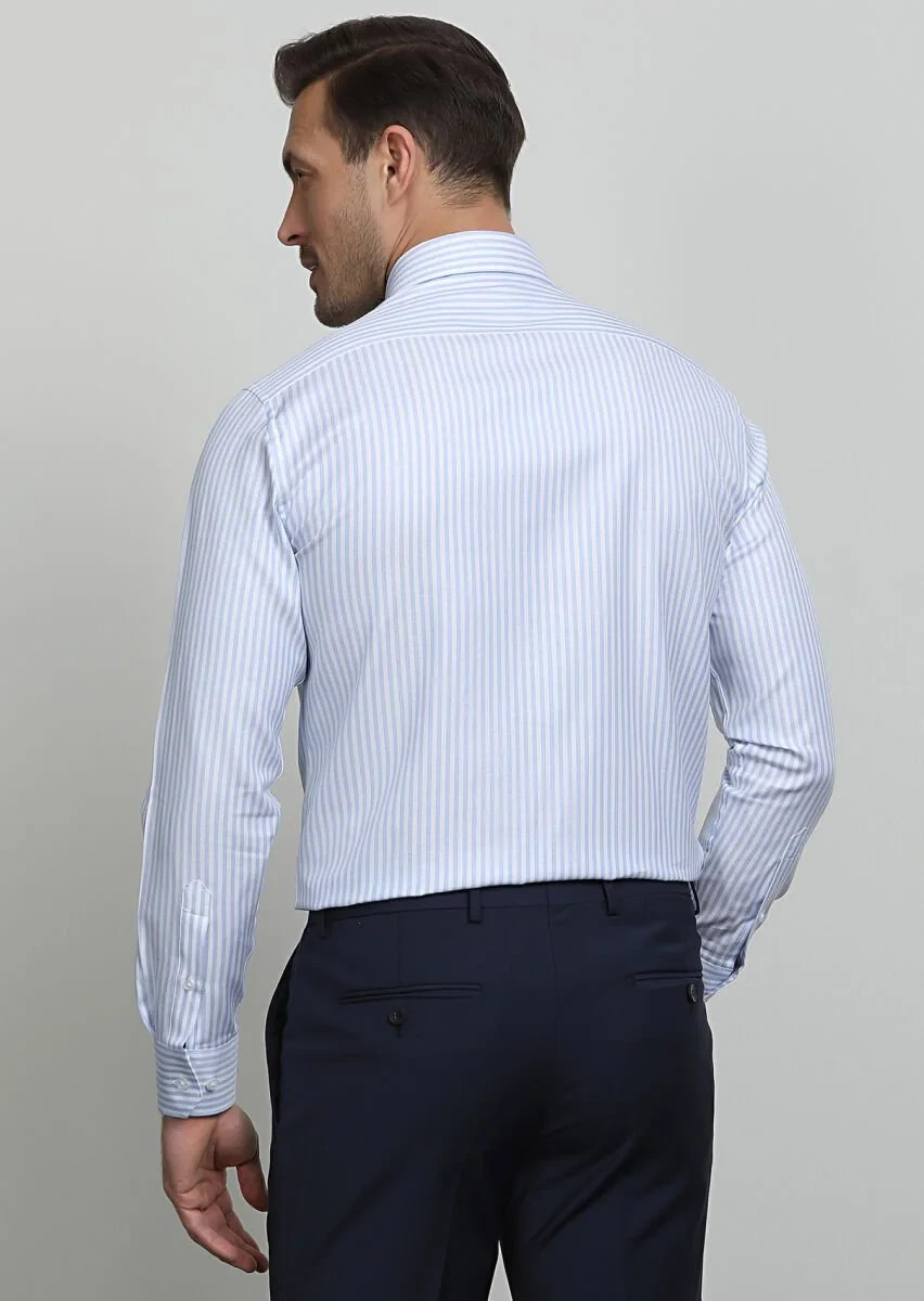 Mavi Çizgili Regular Fit Dokuma Klasik %100 Pamuk Gömlek - 4