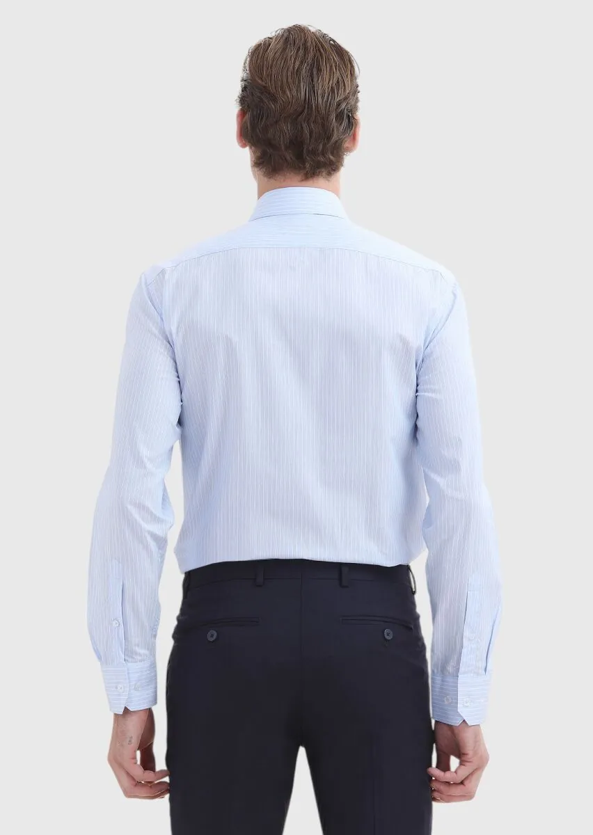 Mavi Çizgili Regular Fit Dokuma Klasik %100 Pamuk Gömlek - 5