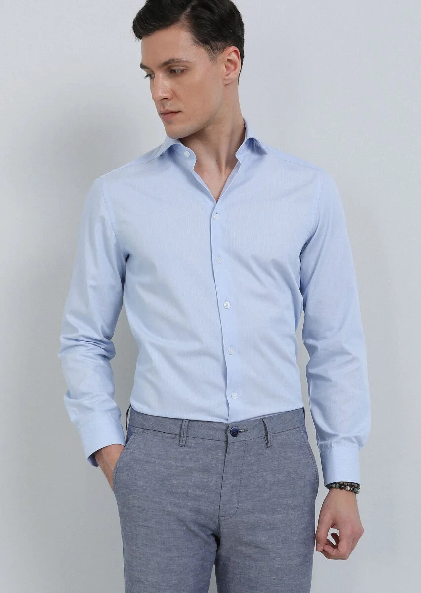 Mavi Çizgili Regular Fit Dokuma Klasik Pamuk Karışımlı Gömlek - 2