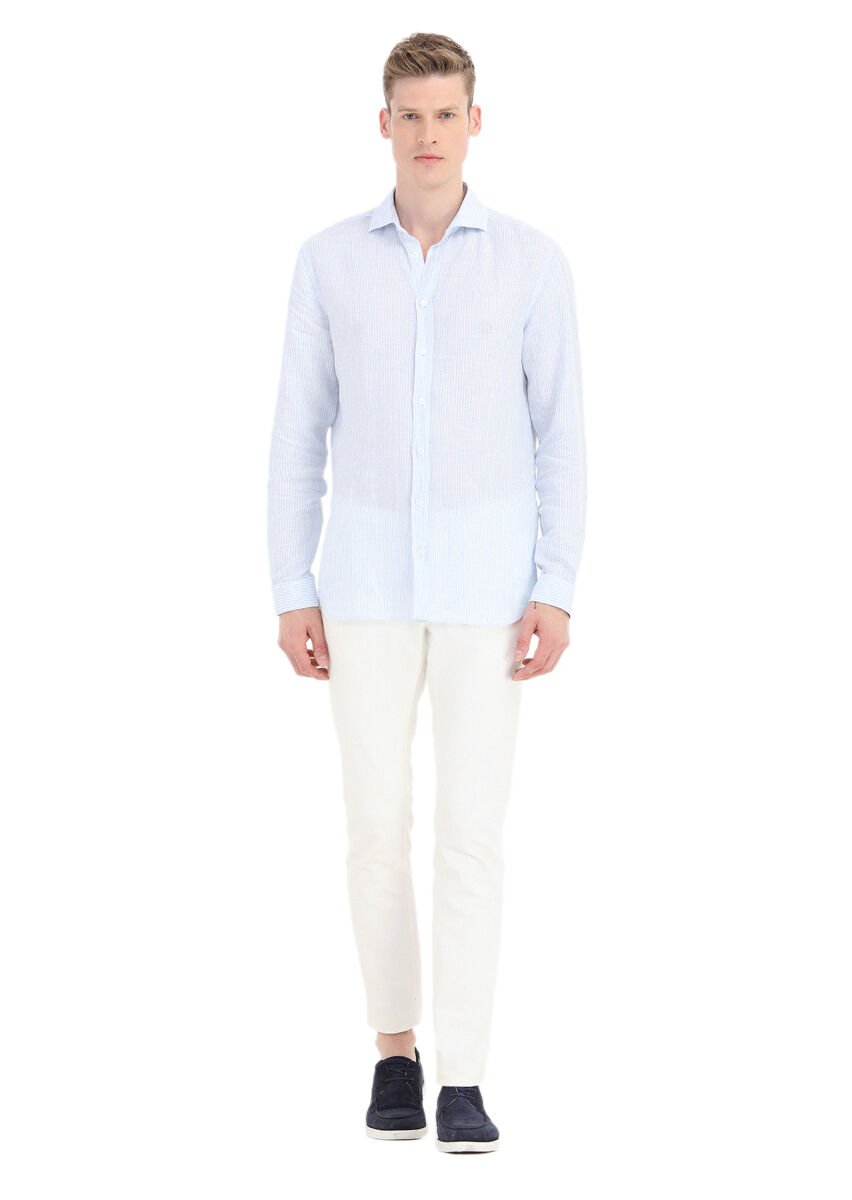 Mavi Çizgili Regular Fit Uzun Dokuma Casual %100 Keten Gömlek - 1