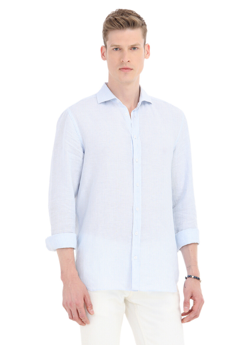 Mavi Çizgili Regular Fit Uzun Dokuma Casual %100 Keten Gömlek - 2