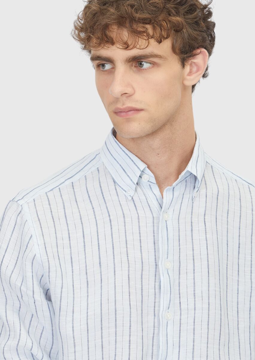 Mavi Çizgili Regular Fit Uzun Dokuma Casual %100 Keten Gömlek - 3