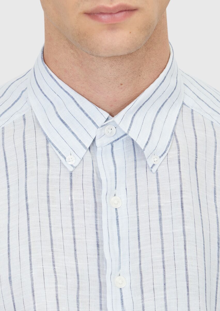 Mavi Çizgili Regular Fit Uzun Dokuma Casual %100 Keten Gömlek - 4