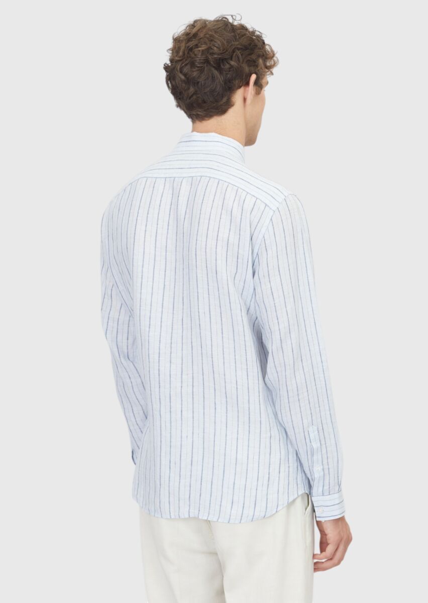 Mavi Çizgili Regular Fit Uzun Dokuma Casual %100 Keten Gömlek - 5