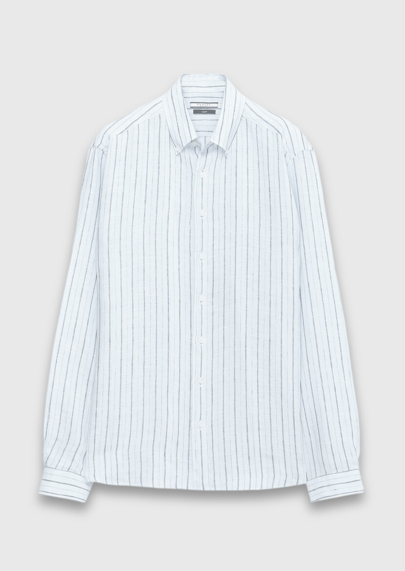 Mavi Çizgili Regular Fit Uzun Dokuma Casual %100 Keten Gömlek - 6