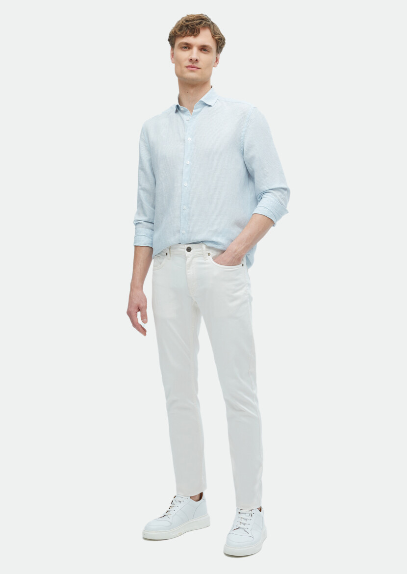 Mavi Çizgili Regular Fit Uzun Dokuma Casual Keten Karışımlı Gömlek 